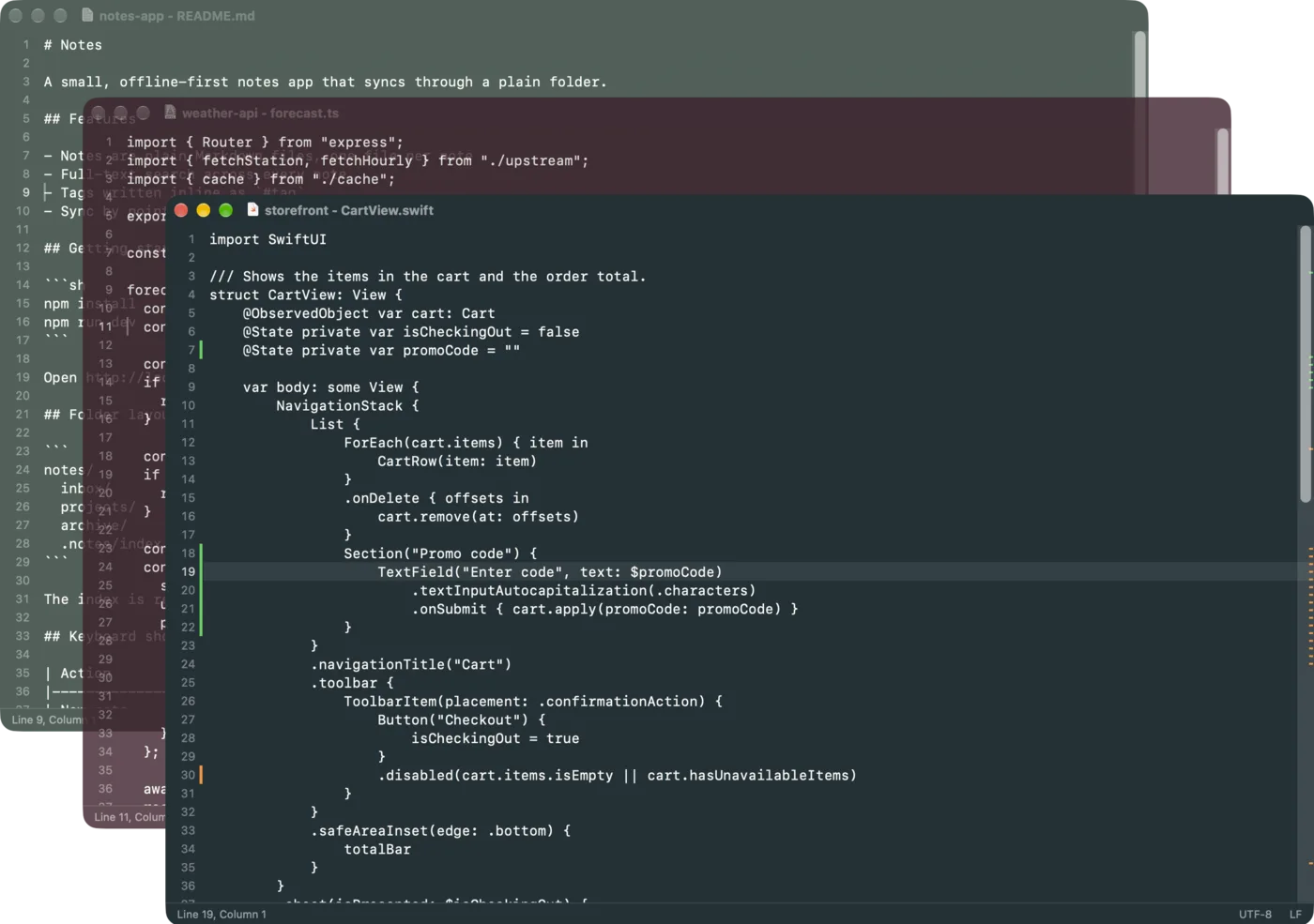 Three KodamaEditor windows in green, crimson and indigo for three projects, with marks beside lines changed by another app