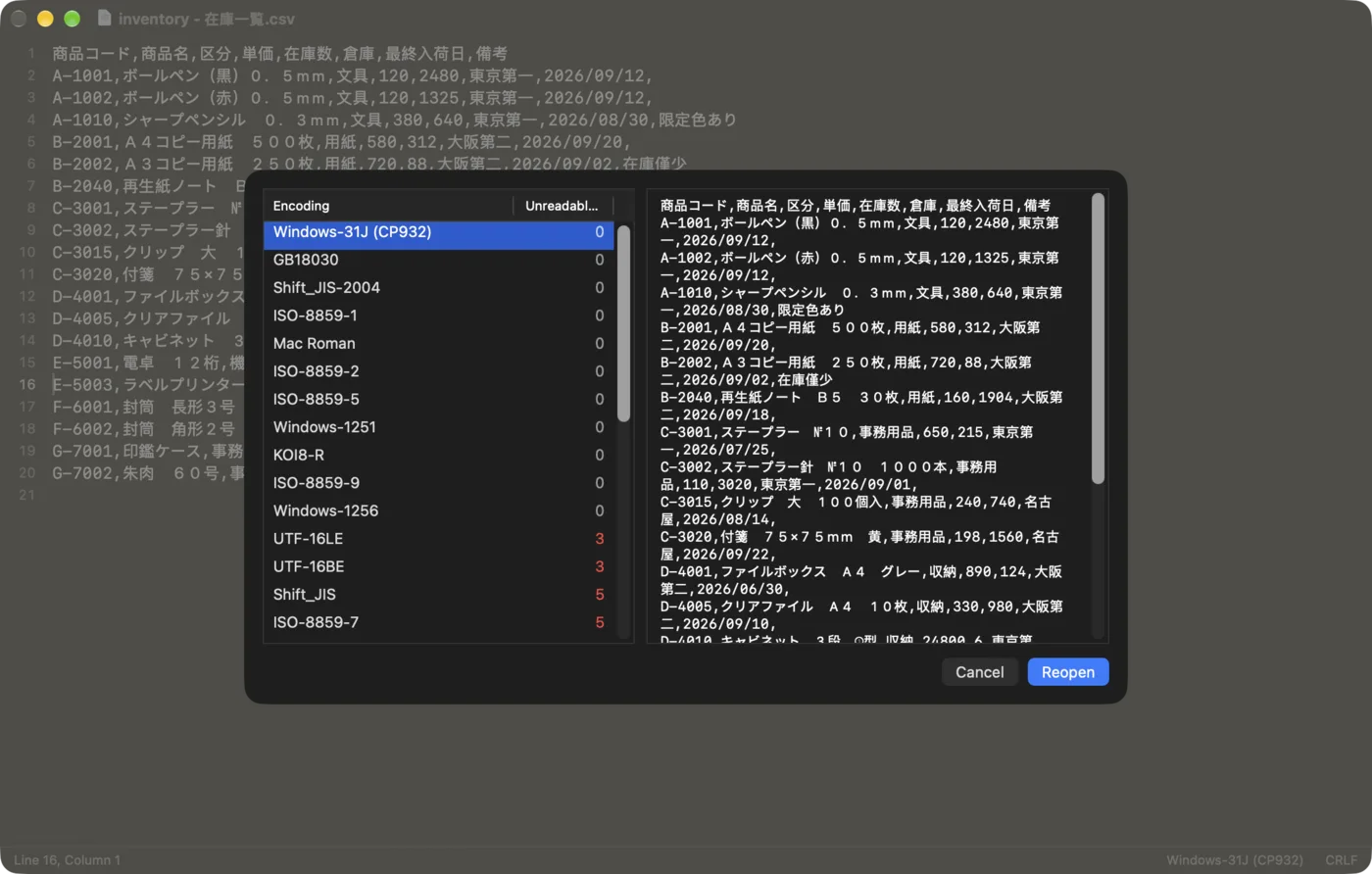 Shift_JIS file with the Reopen with Encoding panel listing encodings and a preview